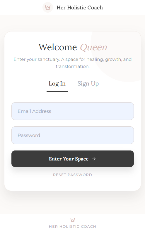 Her Holistic Coach private app login screen