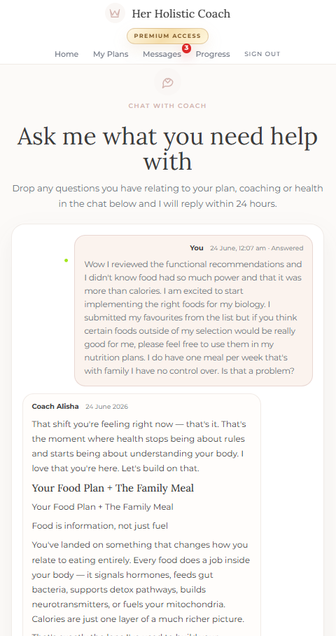 Her Holistic Coach coaching platform showing direct chat support with coach guidance.