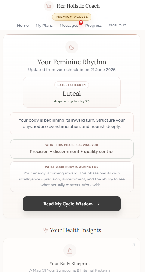 Feminine rhythm dashboard inside the Her Holistic Coach app