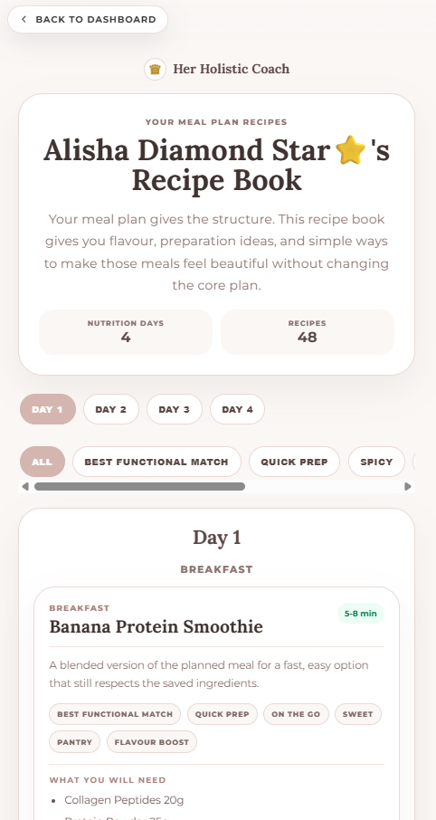 Recipe book inside the Her Holistic Coach app