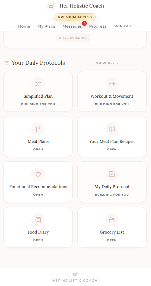 Her Holistic Coach coaching platform showing the overview of daily tools, meal plans, recipes, functional recommendations, food diary, and grocery list.