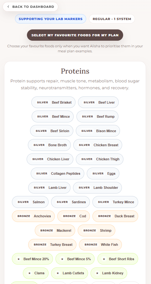 Functional food selection list in the app