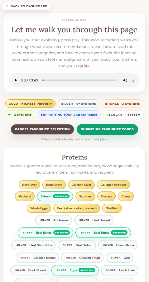 Her Holistic Coach coaching platform showing the audio walkthrough, favourite food selection, and flexible food categories inside the coaching platform.