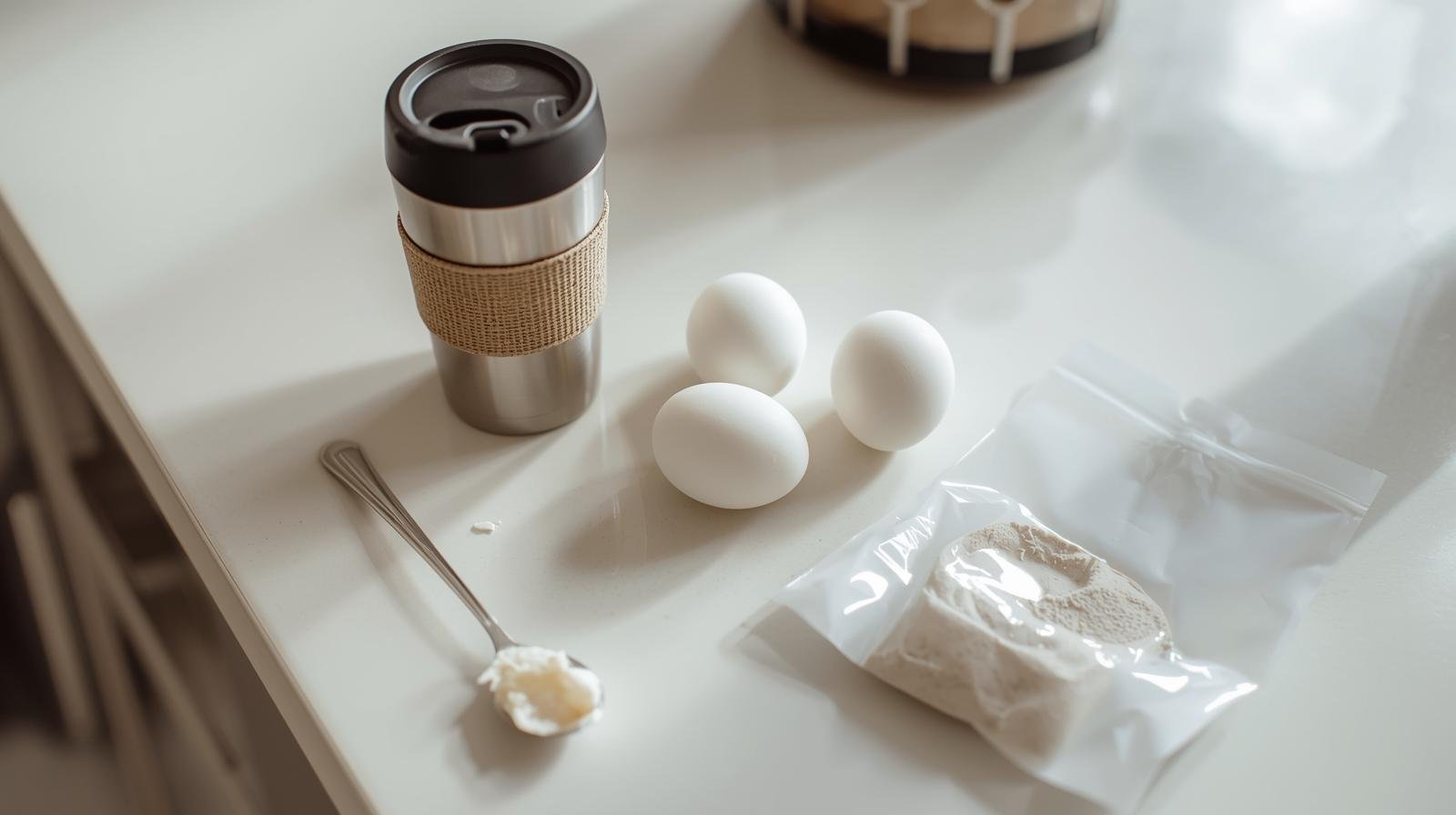 Travel coffee cup with boiled eggs and coconut oil