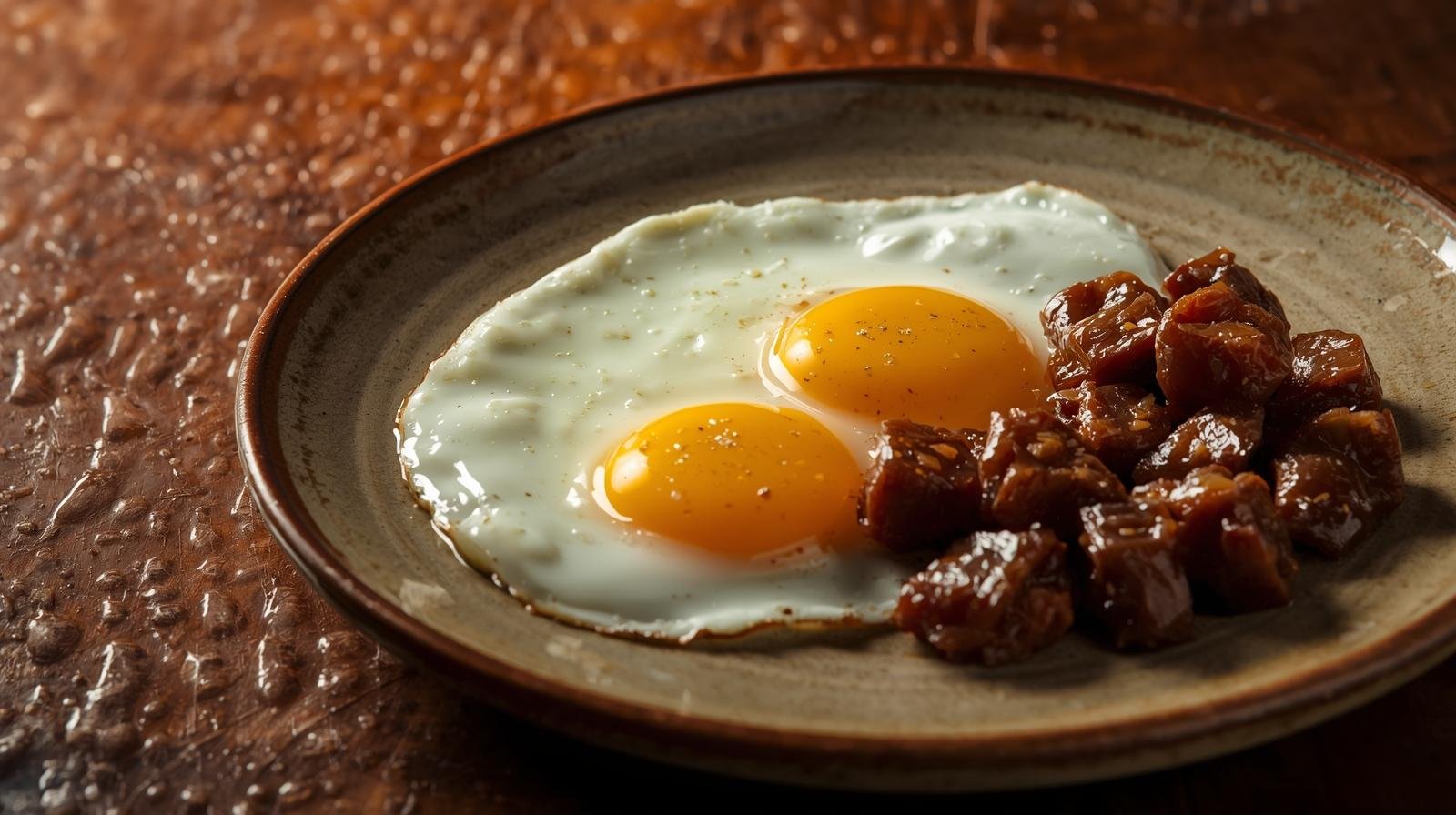 Fried eggs with golden beef liver