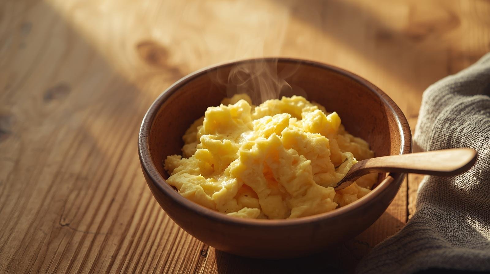 Creamy scrambled eggs in ceramic bowl