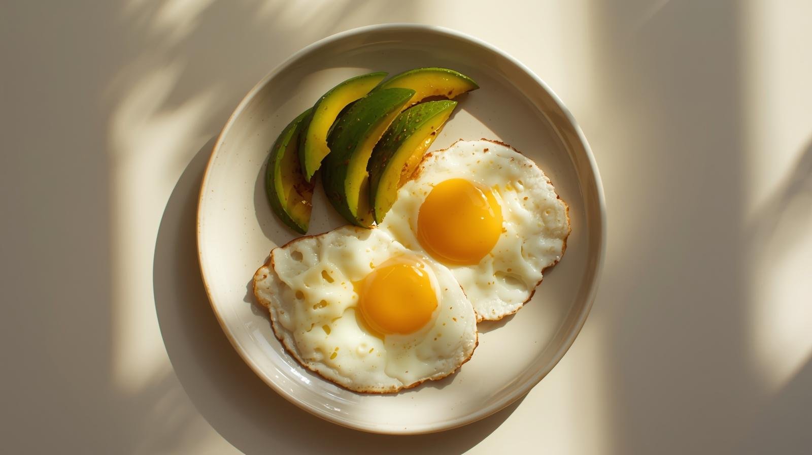 Fried eggs with avocado slices