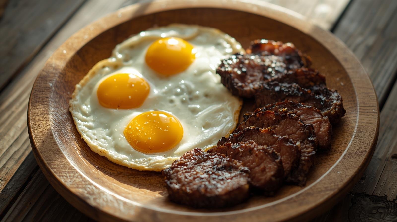 Rustic plate with steak and fried eggs