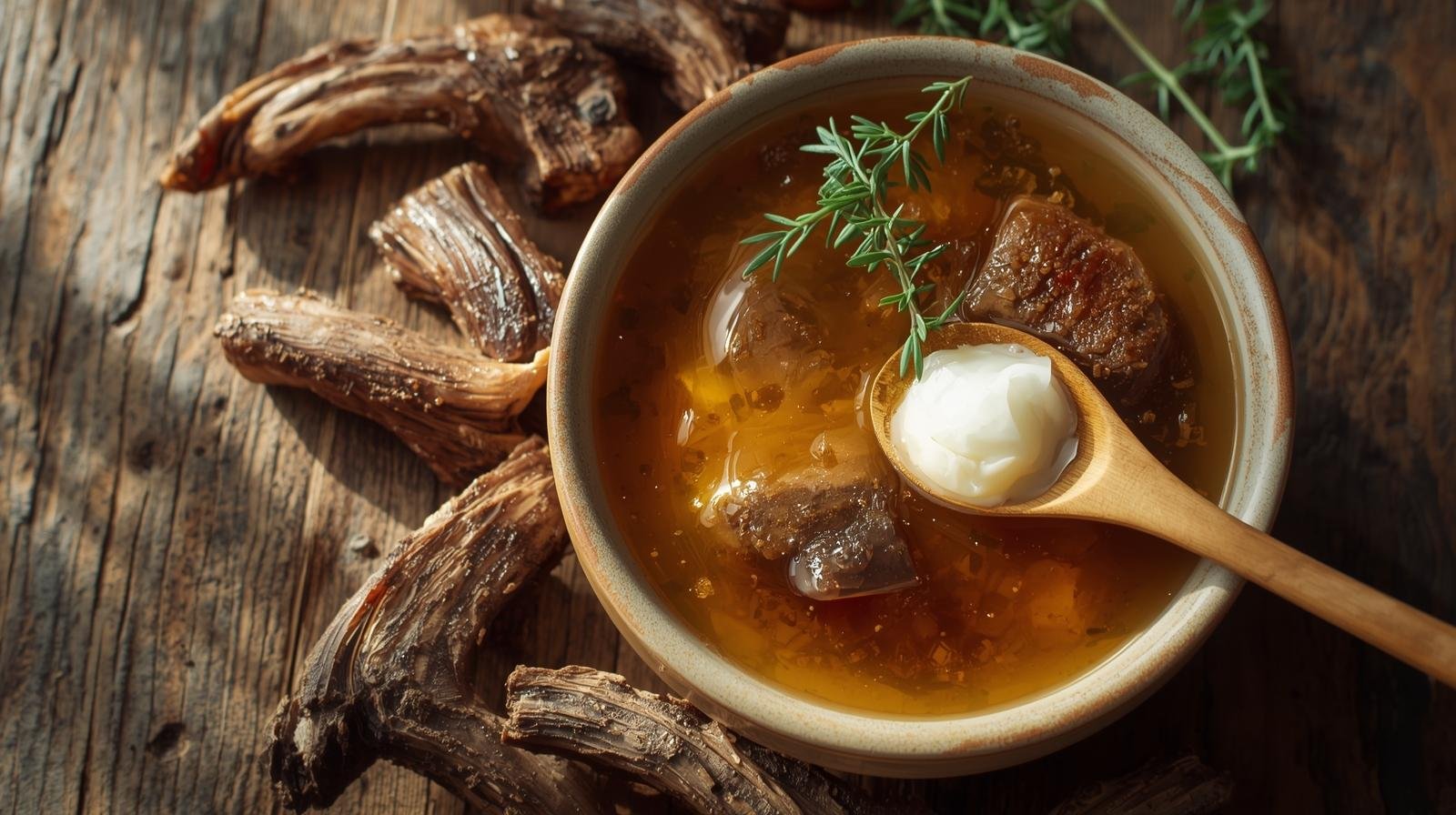 Steaming golden bone broth in ceramic mug